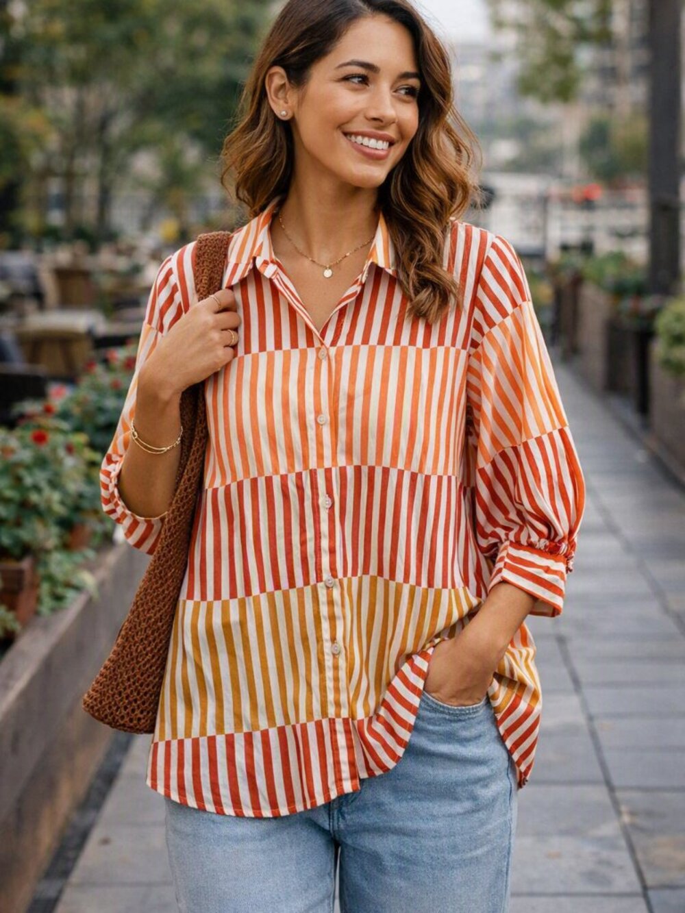 Who What Wear Casual Striped Button-Down Shirt in Orange and Tan